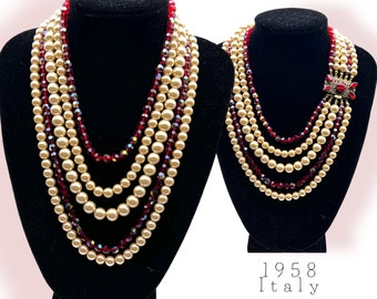 Imposing five-strands cascade white lustrous  pearls & AB red glass beads necklace - large jeweled  clasp - Art.866/6