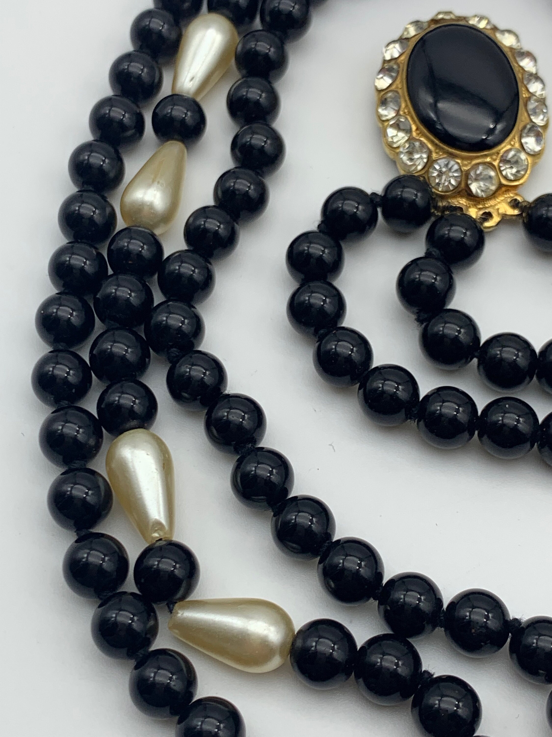 Collier Vintage 3 Rangs Perles De Verre Noir - Fermoir Argent 835 - 56 Cm - Occasion