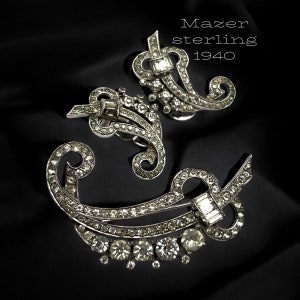 1940 Mazer Sterling Rhinestone Deco Leaves  Brooch and Earrings Set - Rare Mazer Sterling, gorgeous Collectible set - Art.221/7