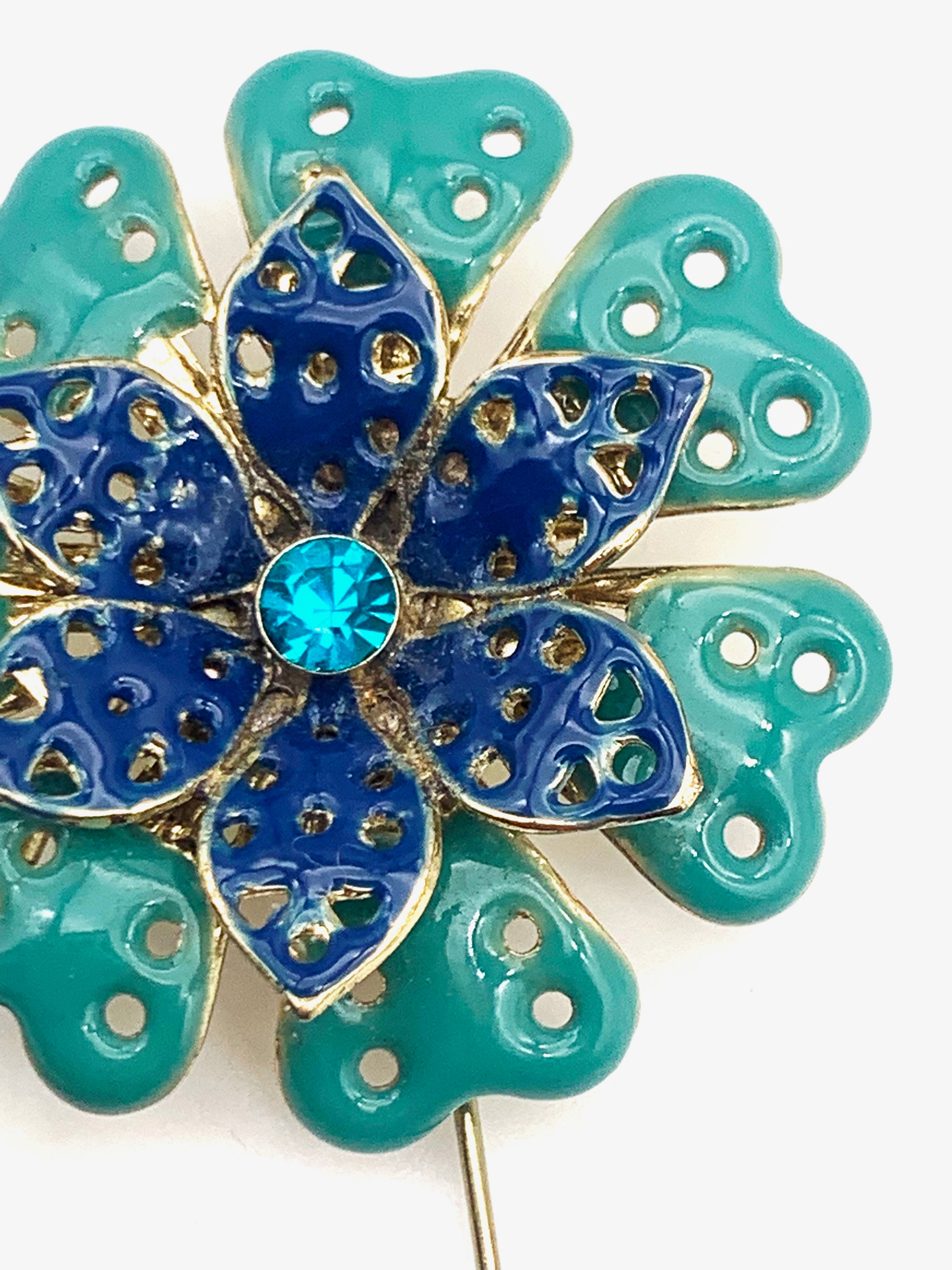 1960s Vintage FLOWER POWER Deep Blue & Turquoise Enamel  display picture 2