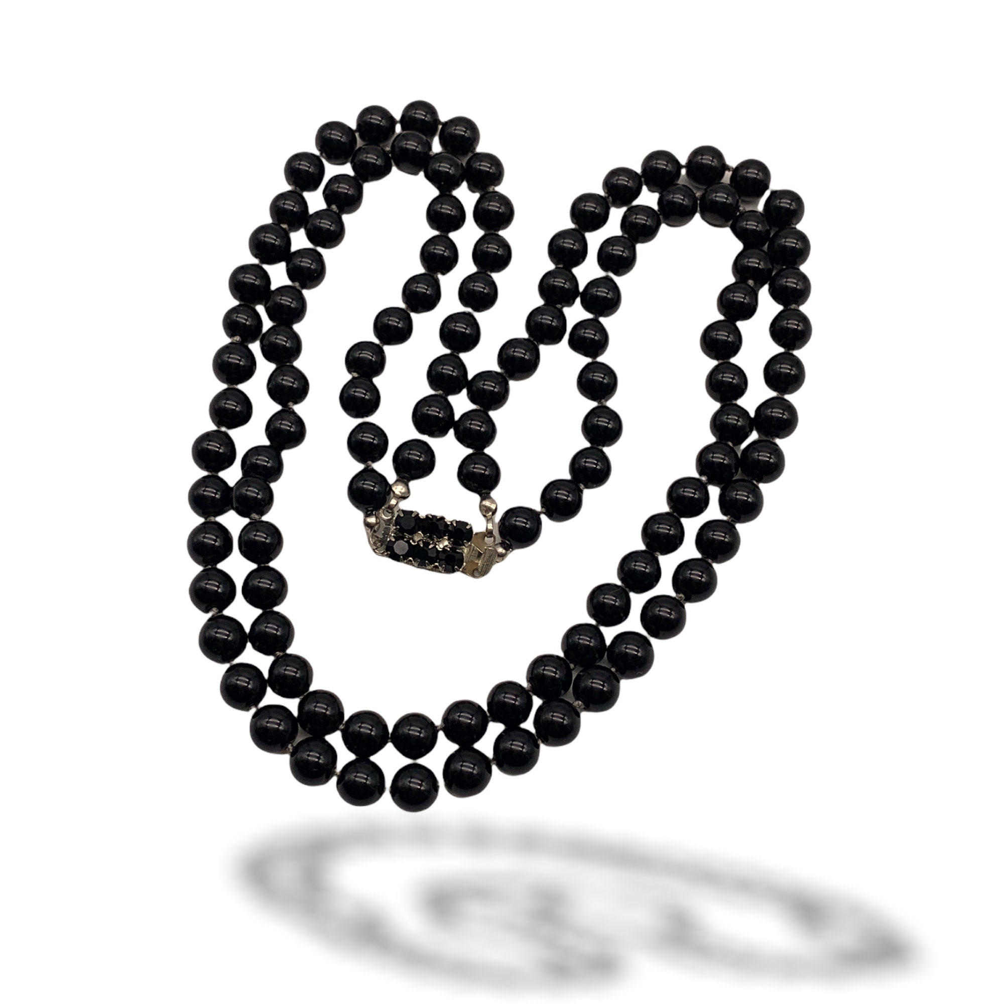 Collier 2 Rangs En Perles De Verre Noires Type Jais - Fermoir Style Art Nouveau, Occasion