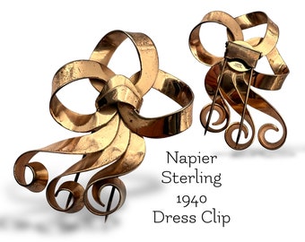 Vintage Napier Sterling Vermeil bow ribbon fur/dress clip - Dramatic Art Deco Napier clip in sterling rose gold plated - art.101/7
