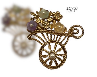 Lovely 1950s vintage Fruit Salad  Flower Cart brooch - ancient splendor of a Lady retro - goldtone,glass flowers & Pearls - Art.825/3 -