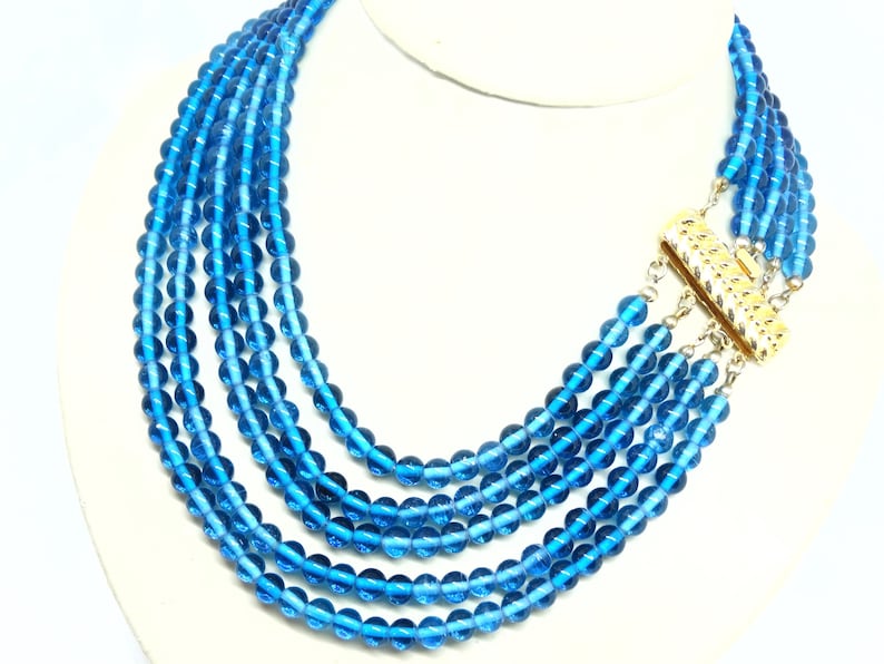 art.196 sleek cascaded design Necklace vintage 1950s Five Strands quality glass beads in vibrant turquoise color