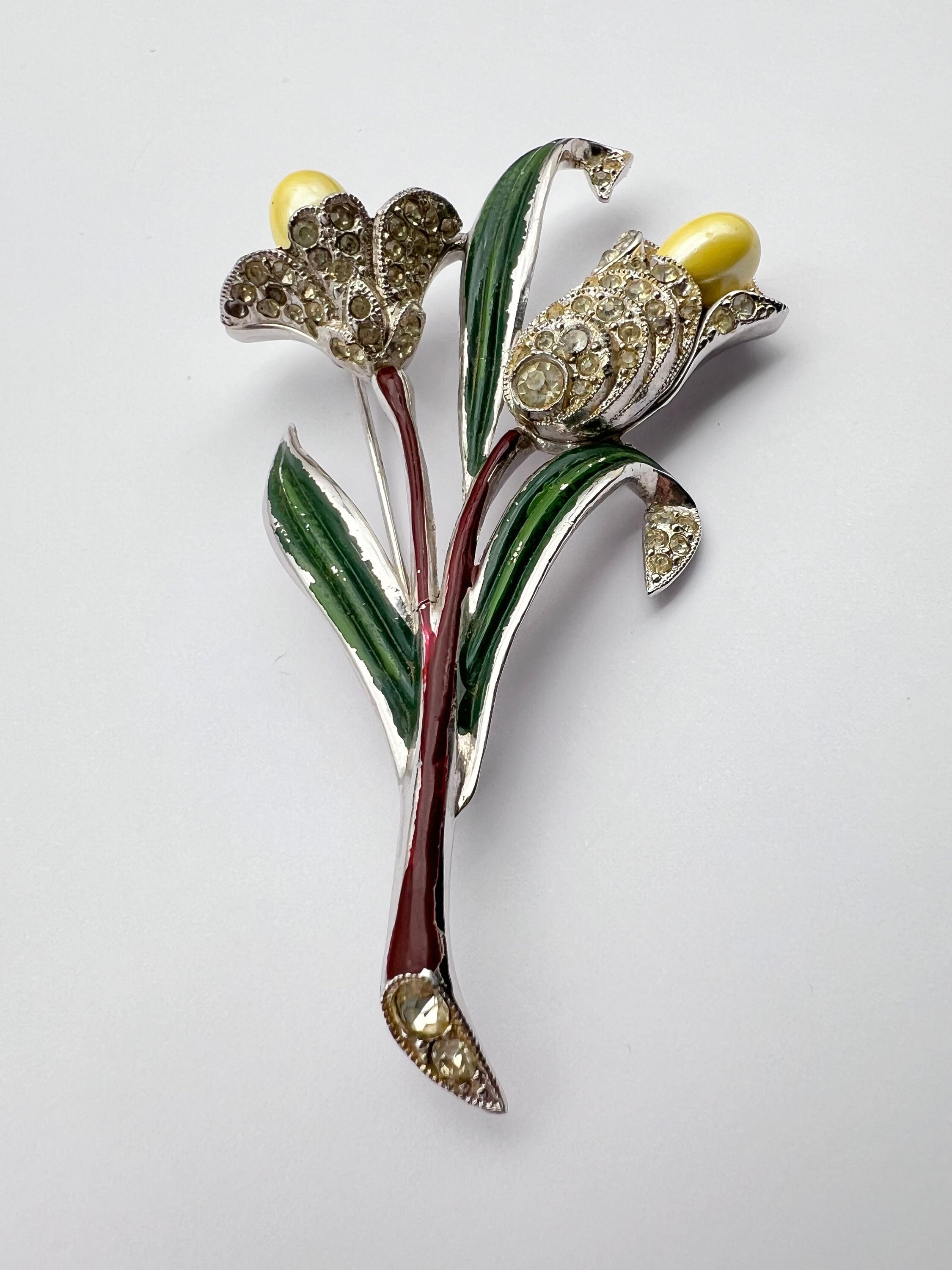 Rare 1940s Coro Unsigned Large Tulip Flowers Bouquet Rhinestones