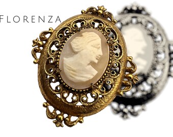 Florenza Signed Genuine Shell Carved Cameo Portrait Pin - Large