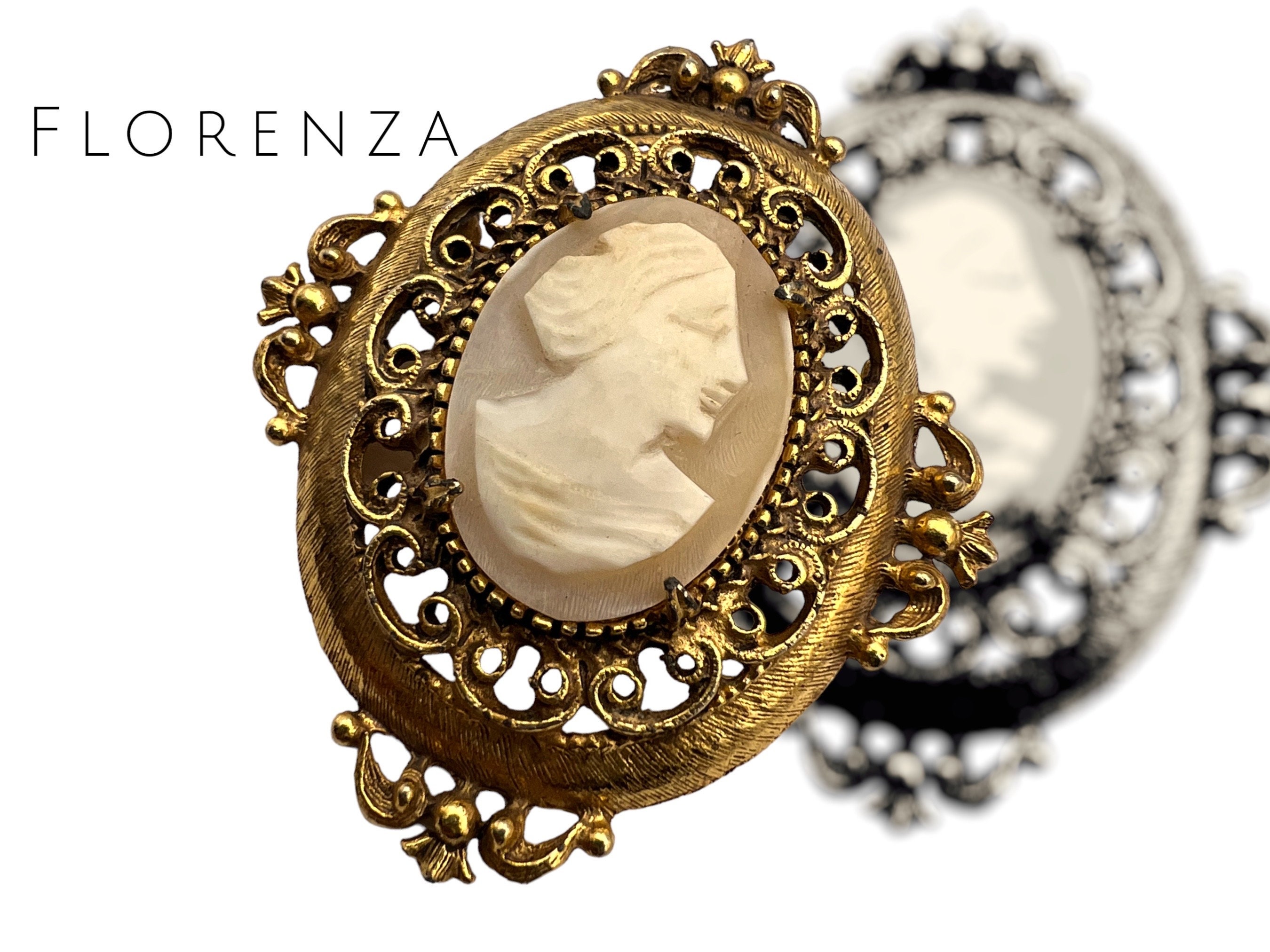 Florenza Signed Genuine Shell Carved Cameo Portrait Pin - Large