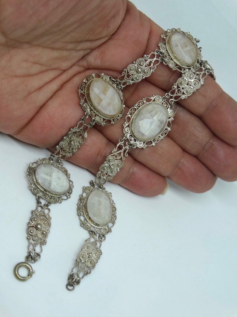 Art.136 gorgeous treasure for collection Antique European Victorian Carved SHELL CAMEO silver filigree Bracelet