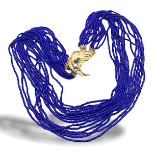 Collana a tredici fili di perline di vetro blu cobalto - Collana multifilo e adorabile chiusura a foglia gioiello -Art.973