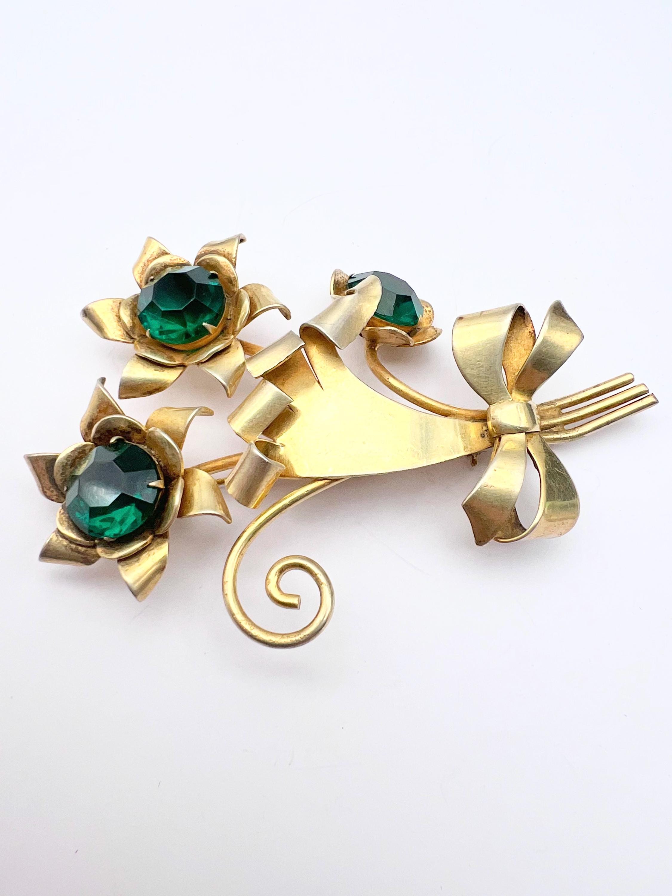 Broche Vintage Clé En Or Avec Cristaux Et émail Vert émeraude - Année 1984 - Très Bon état