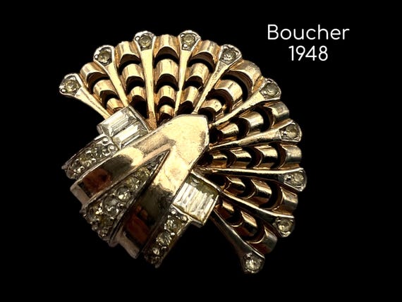 1948 MB Marcel Boucher Hallmarked and Numbered Fan Baguette & Round Clear Stones Fur Clip Vintage Figural Pin Brooch- Art.421/7 View 3