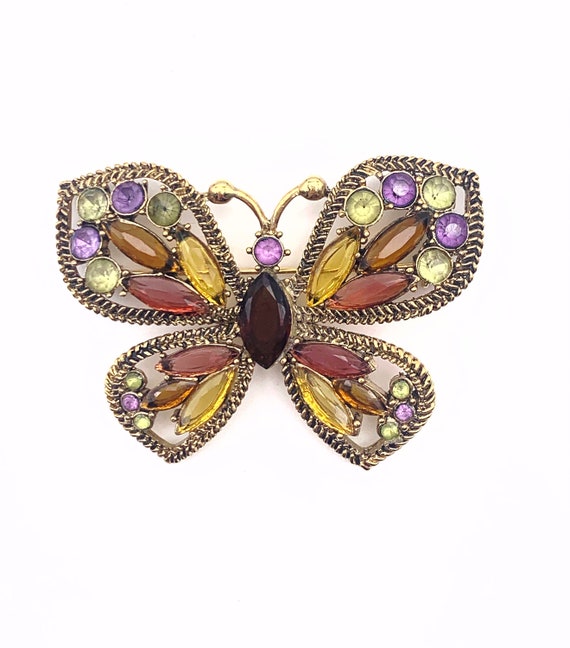 Vintage Signed Monet Jeweled Gold Tone Butterfly … - image 3