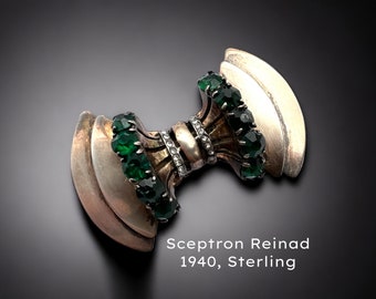 Reinad Sceptron Sterling bow tie brooch w/green emerald crystals and clear - Hollywood Regency Vintage Rhinestone Brooch - Art.94/7