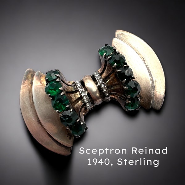 Reinad Sceptron Sterling bow tie brooch w/green emerald crystals and clear - Hollywood Regency Vintage Rhinestone Brooch - Art.94/7