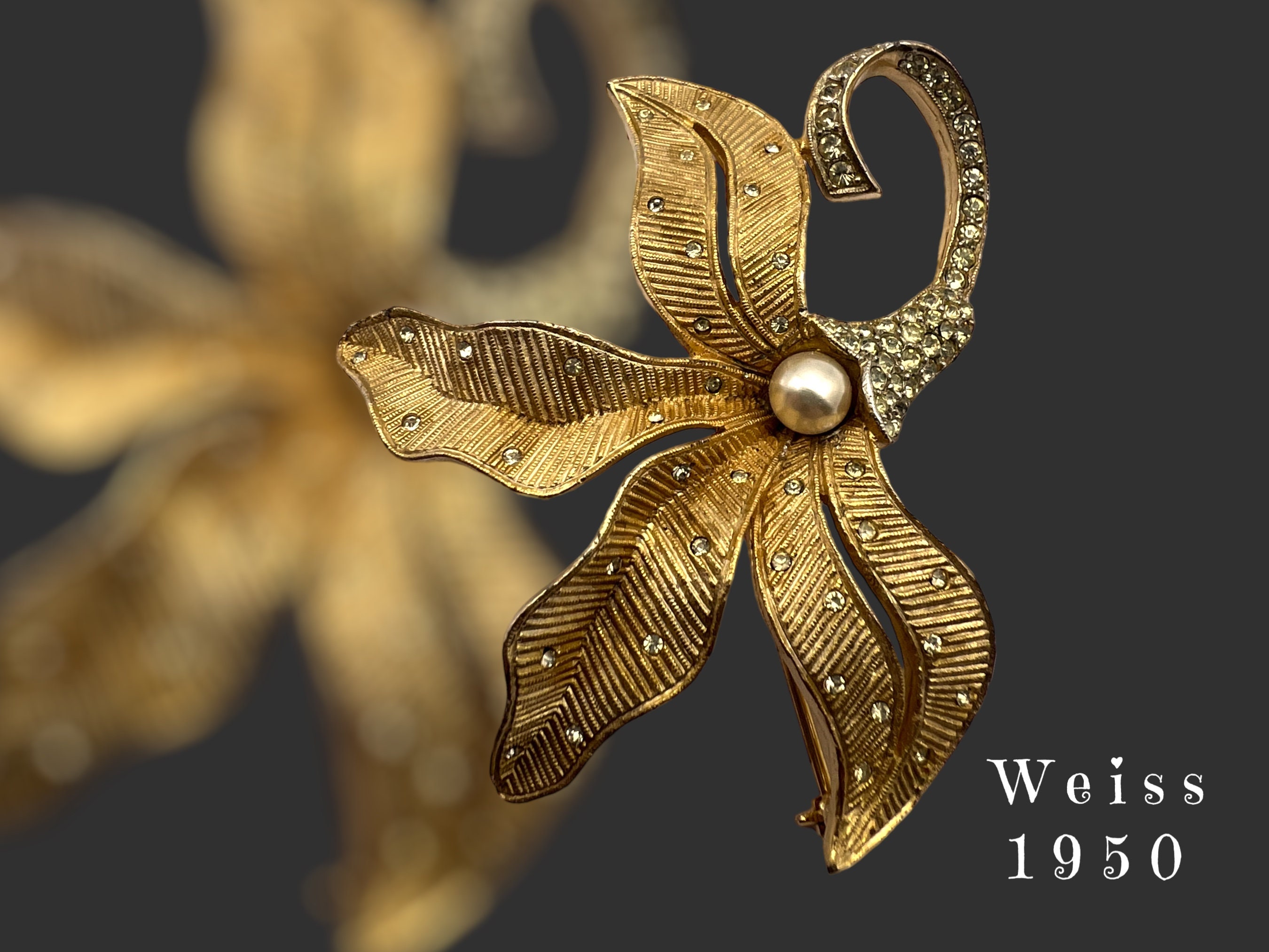 Rare Weiss Orchid Flower W/clear Rhinestones, Pearl on Gold