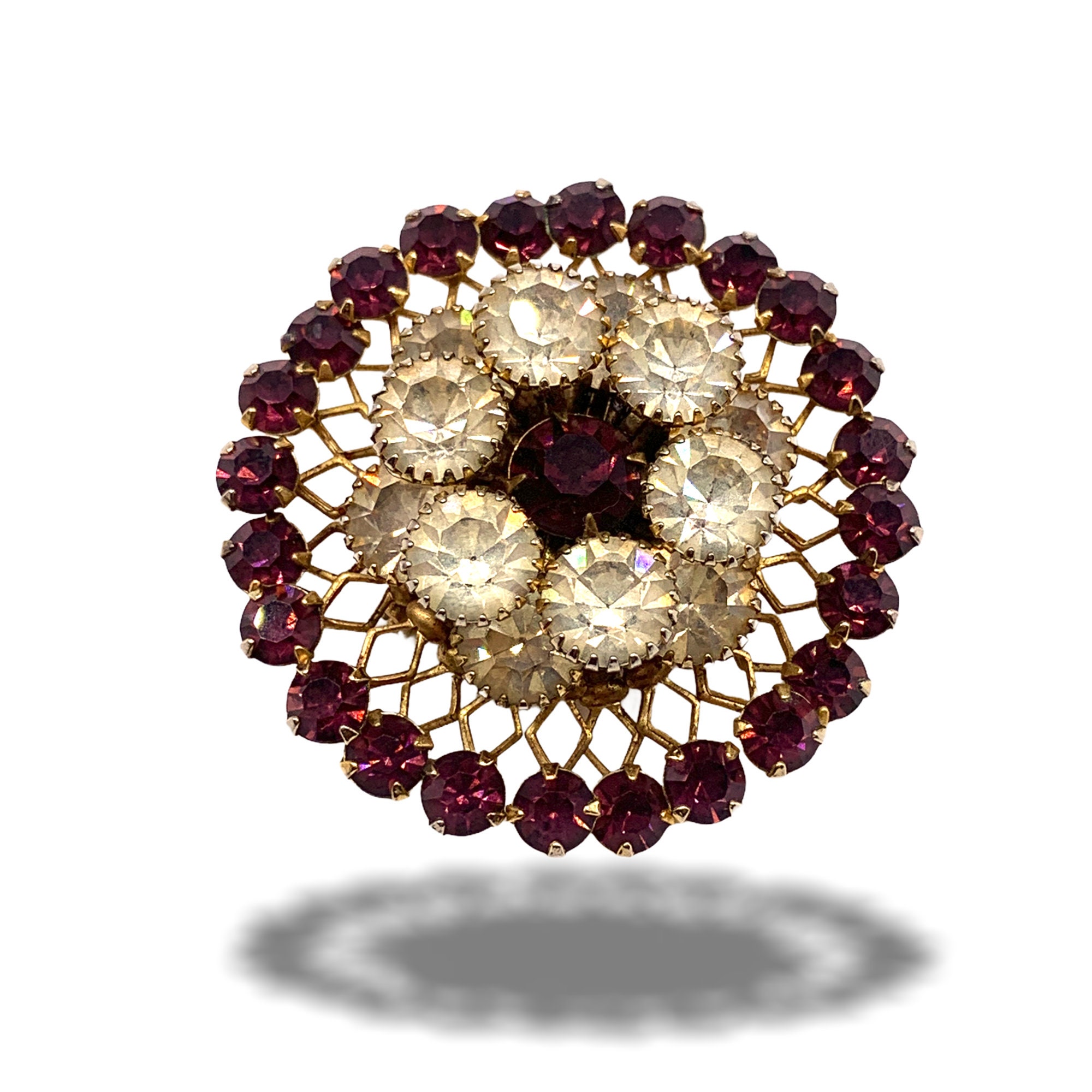 Broche Vintage Cristal, Améthyste Et CZ Sur Laiton - Bijou Ancien Rare - Occasion