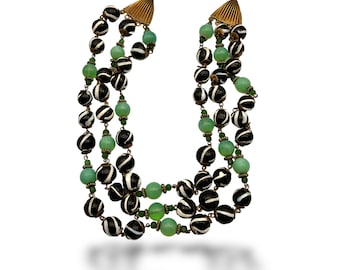 Statement 3strand glass beads wired necklace-black/white hand made beads ,2 green tones beads mixed w/great effect stylistic - Art.638/6