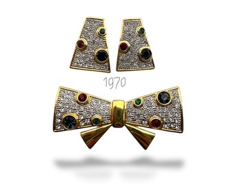 Amazing bow brooch and clip-on earrings set - multicolor crystals and clear pave in a lovable gold/silver tone setting-Art.114/7