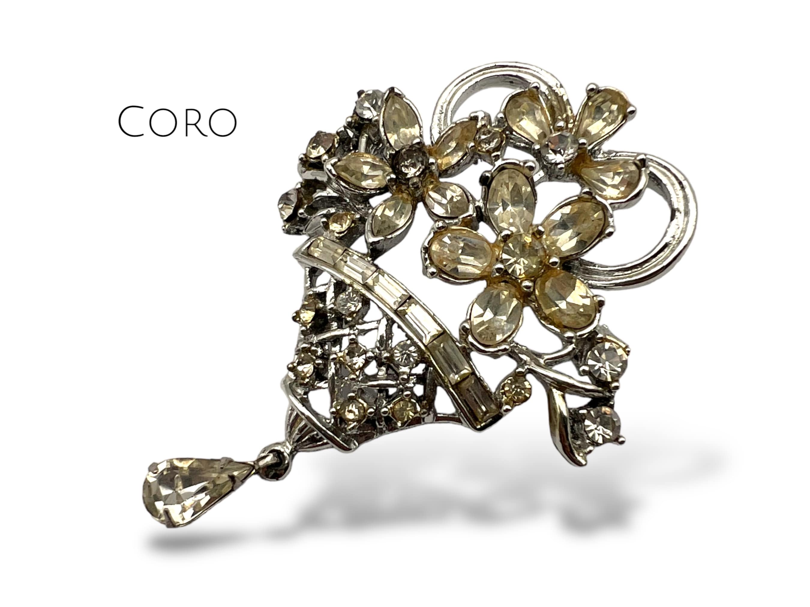Coro 1950 Diamante Flower Basket Brooch With Dangle Drop