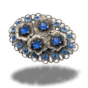 Antique 1940s deep blue Czech Rhinestones Brooch Pin - Dazzling flowers on ancient Victorian  brooch - art.961/2 -