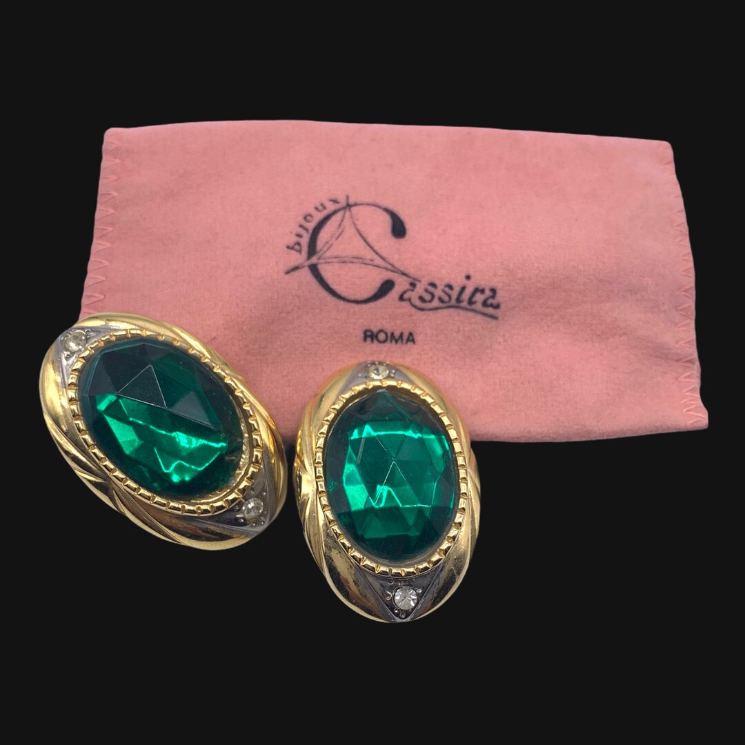 Boucles D'oreilles Vintage Années 70 - Métal Doré Avec Oxydes Verts, Fermoir Dormeuse