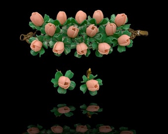 Extremely RARE Vintage 1930s early Plastic Bakelite Prom Bracelet & Earrings  corsage/floral jewellery - art.390/5