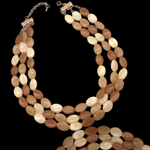 Collier cascade à 3 rangs des années 1960 - Couleur très élégante et belles formes de perles - Collier palette marron - Art.945 -