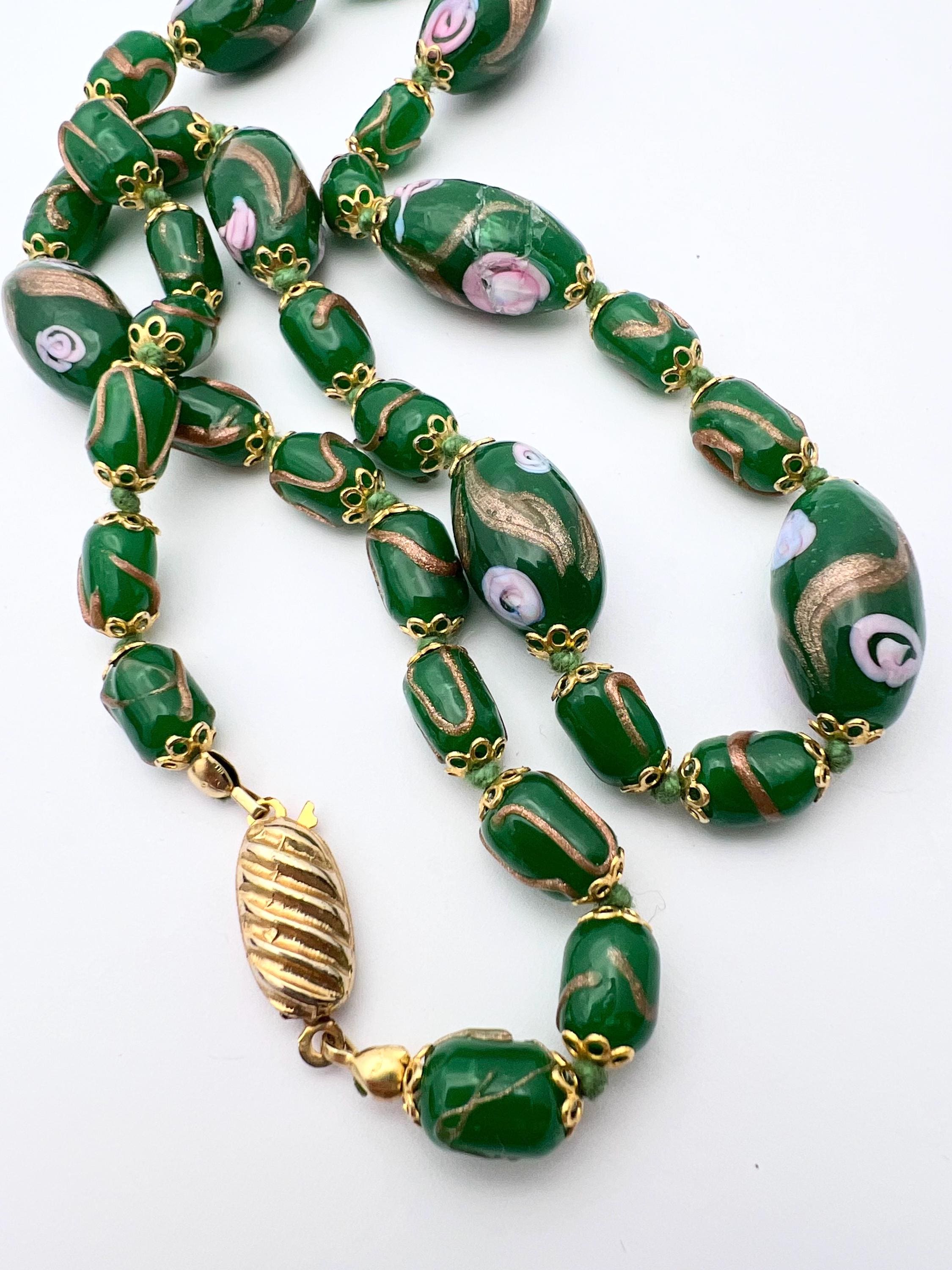 Vintage Venetian Glass Ornate Fiorato With Aventurine Green Bead