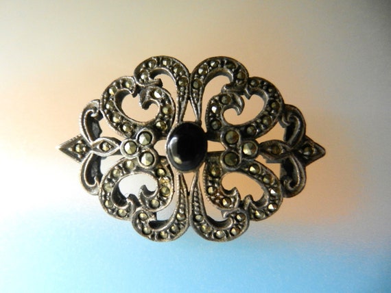 Art Deco Sterling Silver Onyx and Marcasite Pin -… - image 10