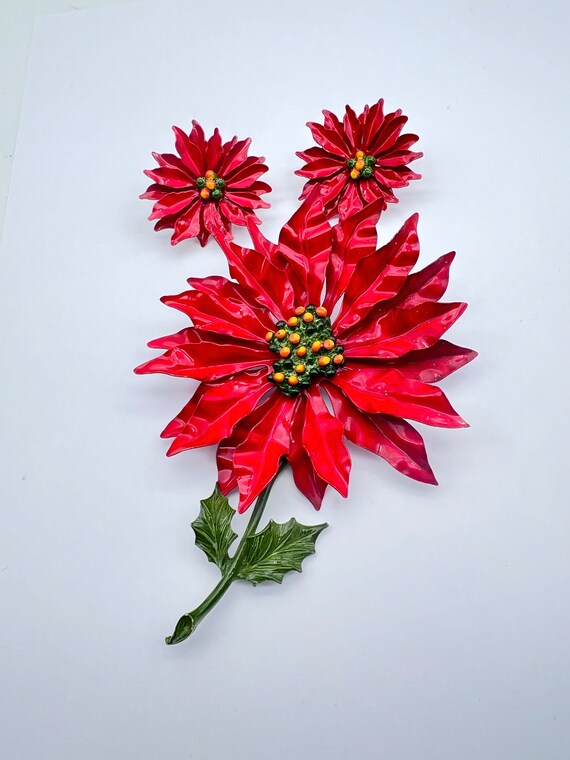 Stunning Vivid enamel red Poinsettia Christmas Fl… - image 3