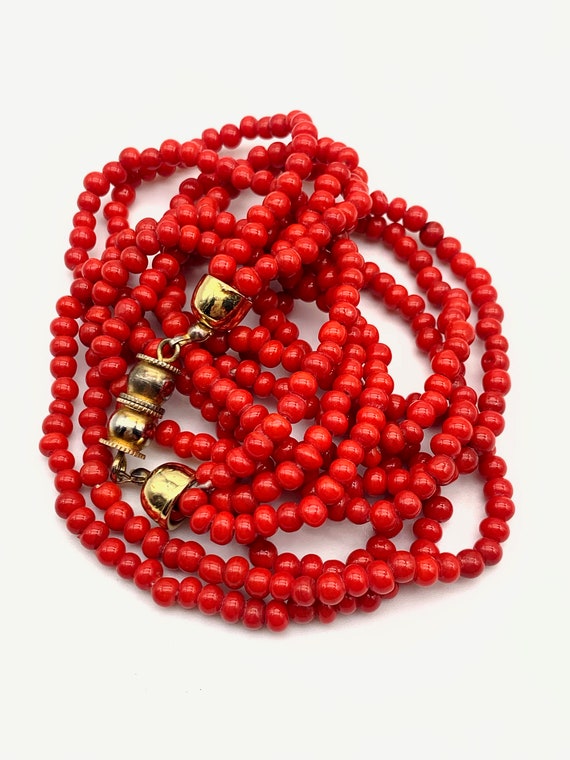 Cherry red glass coral beads 3 strands necklace - 