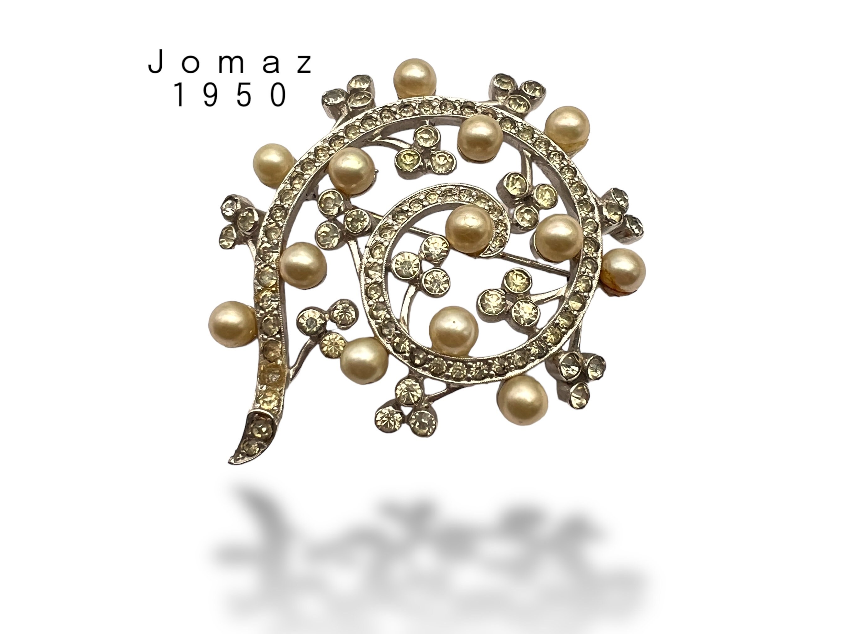 Vintage Joseph Mazer Jomaz Gold Rhinestone & Pearl Floral