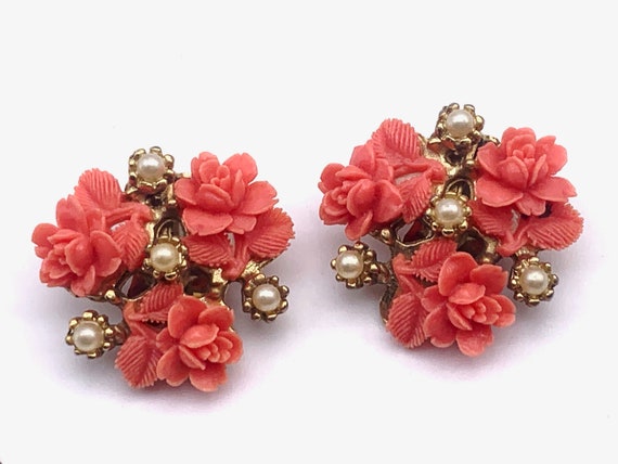 Stunning vtg 1940s Coral Celluloid Rose & tiny pe… - image 6