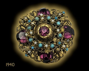 European old brooch - extraordinary filigree Czech pin w/ Amethyst color crystals , Glass Turquoise and seed Pearls - Art.122/7