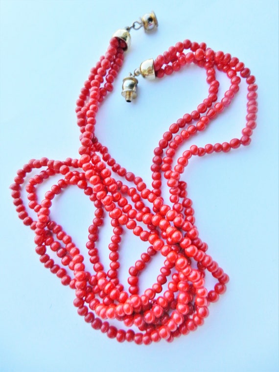 Cherry red glass coral beads 3 strands necklace -… - image 10