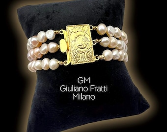 Giuliano FRATTI 1960s 3 Row Blush Pink Freshwater/Cultured Pearl Cuff Bracelet - lovely goldtone clasp  GM signed- -Art.164