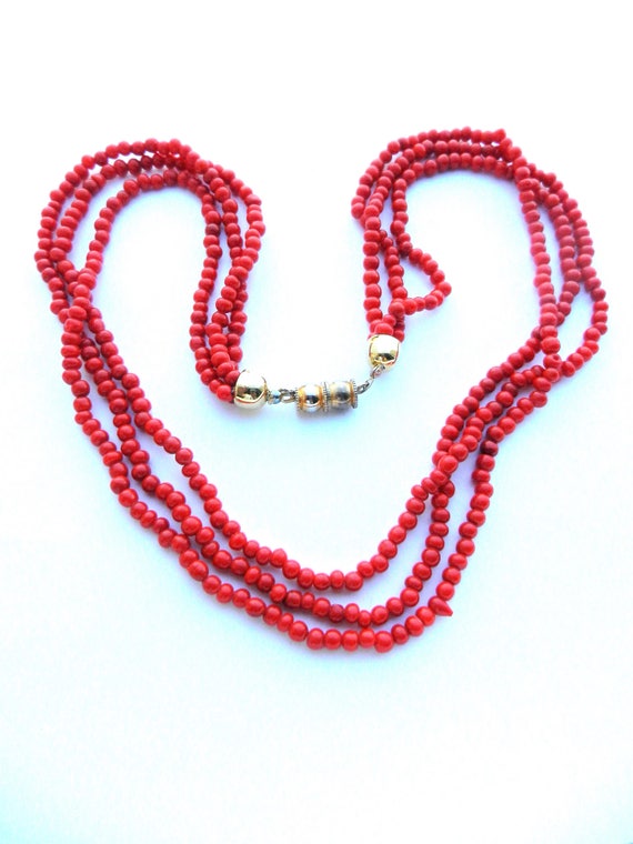 Cherry red glass coral beads 3 strands necklace -… - image 4