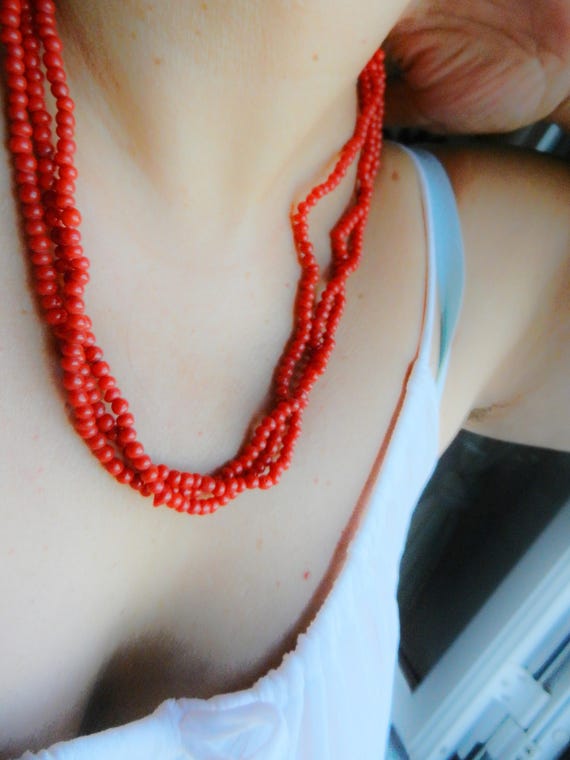 Cherry red glass coral beads 3 strands necklace -… - image 5