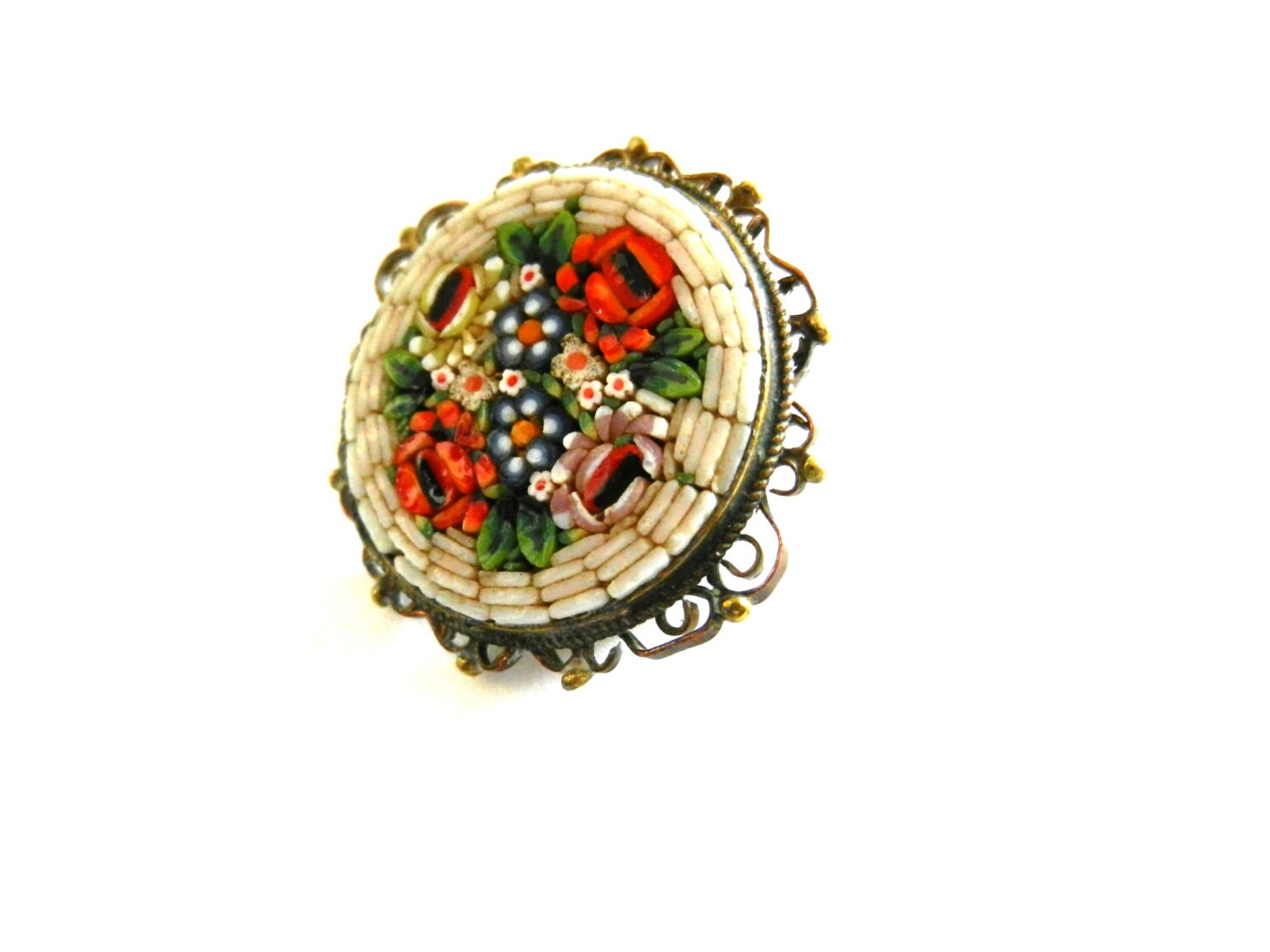 Broche Micro Mosaïque Vintage Géométrique Fleurs Signée Italie - Occasion Belle état