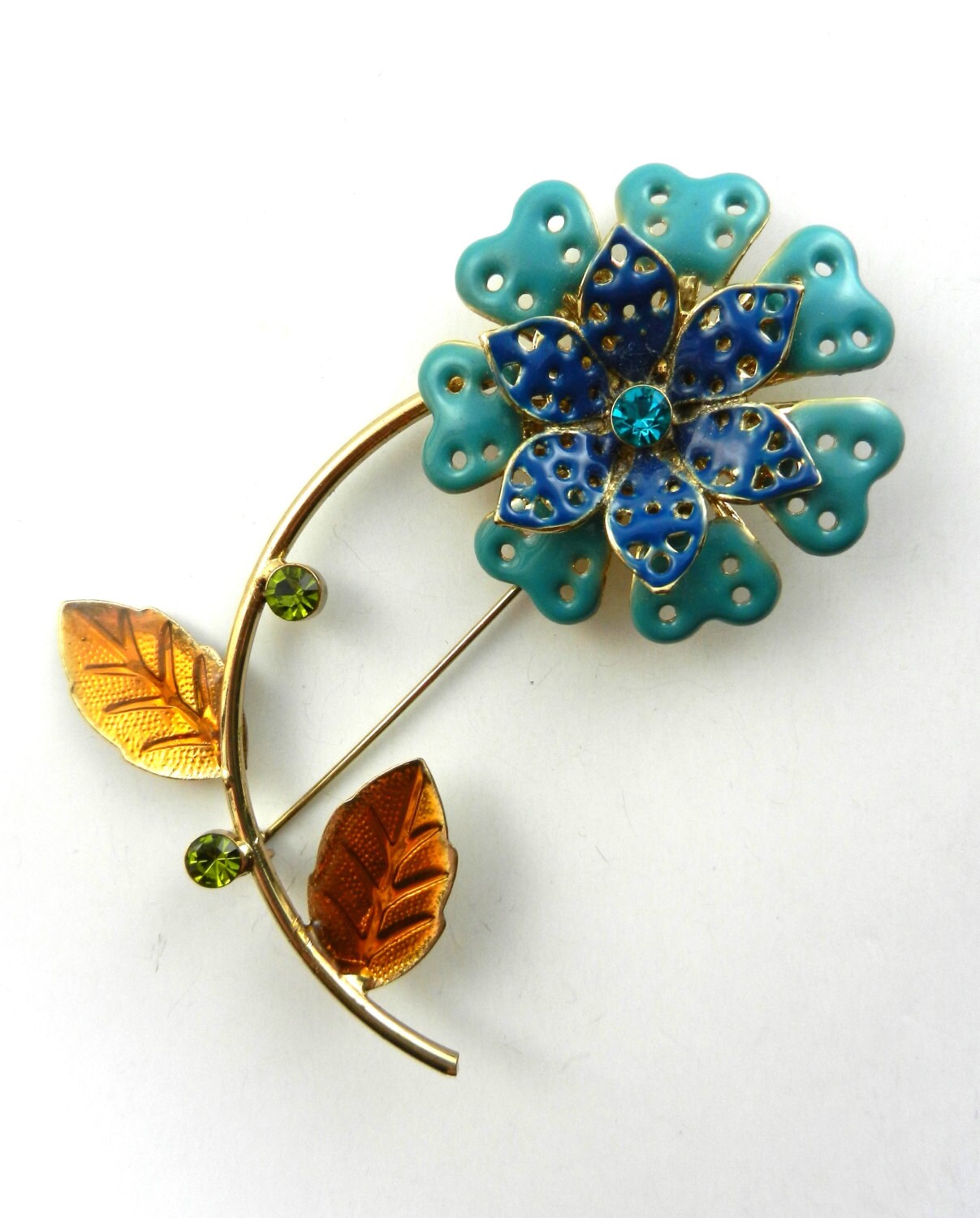 1960s Vintage FLOWER POWER Deep Blue & Turquoise Enamel 
