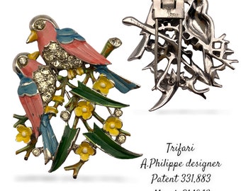 1942s Trifari 'ALFRED PHILIPPE' pair of Love Birds on branches with flowers & stones dress clip - rare Trifari piece - Art.200/6