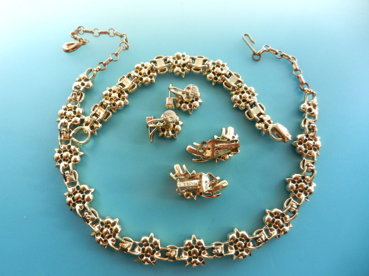 1950s Rare Lisner Book Piece Smoked Topaz Rhinestone Flower 