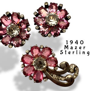 1940 Mazer Sterling Vivid pink Crystals and clear Floral Dress-clip and Earrings Set - Mazer rarity - Art.345/7