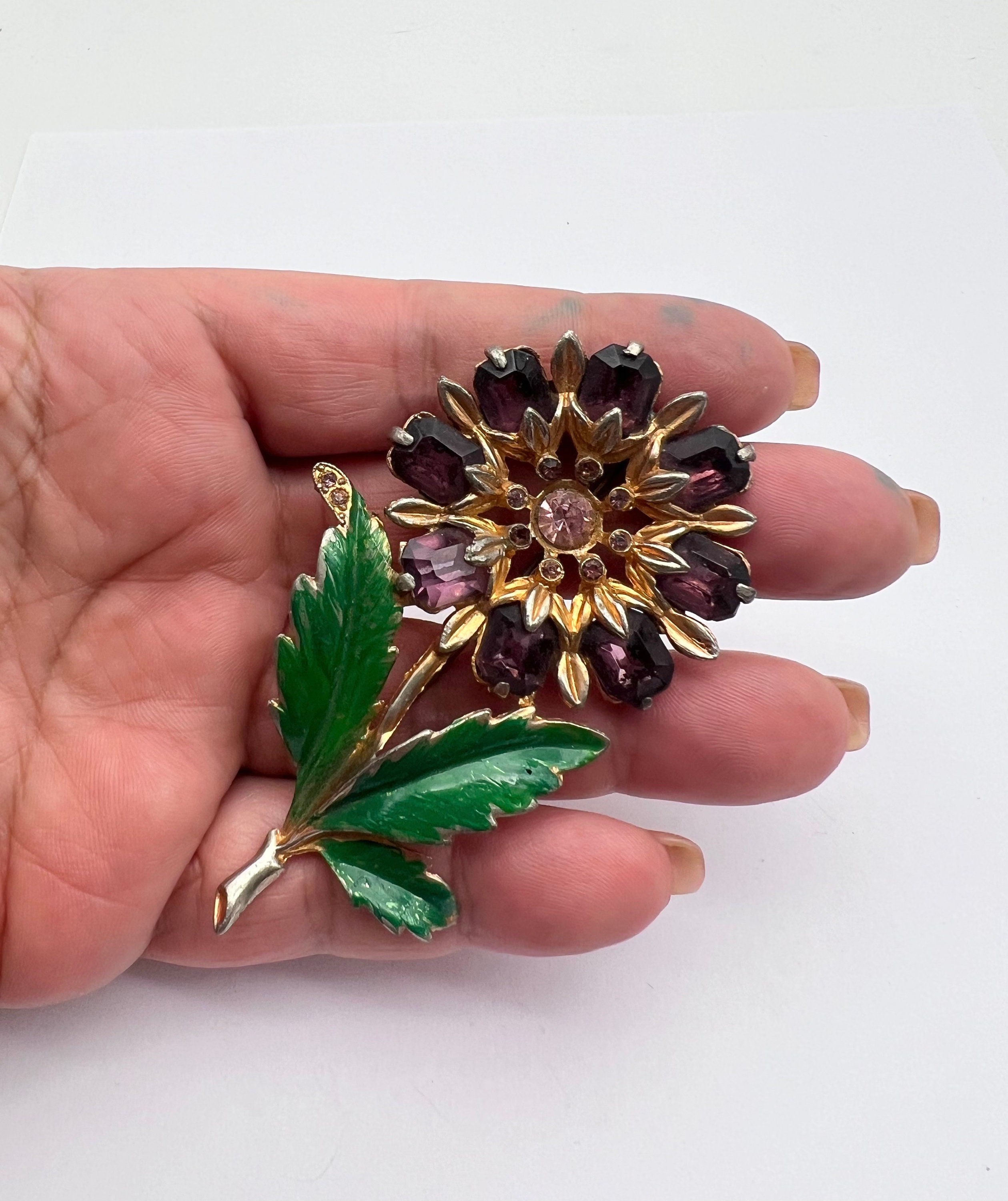 Broche Vintage Années 40 - Plaqué Or Rose & Jaune - Pierre Violette 47x28mm