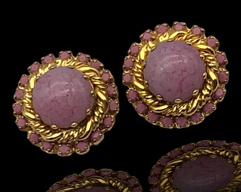 Fascinating Pink Art Glass clip earrings - 1950s Vintage quality - dazzling pink prong set rhinestones - Art.735/3--