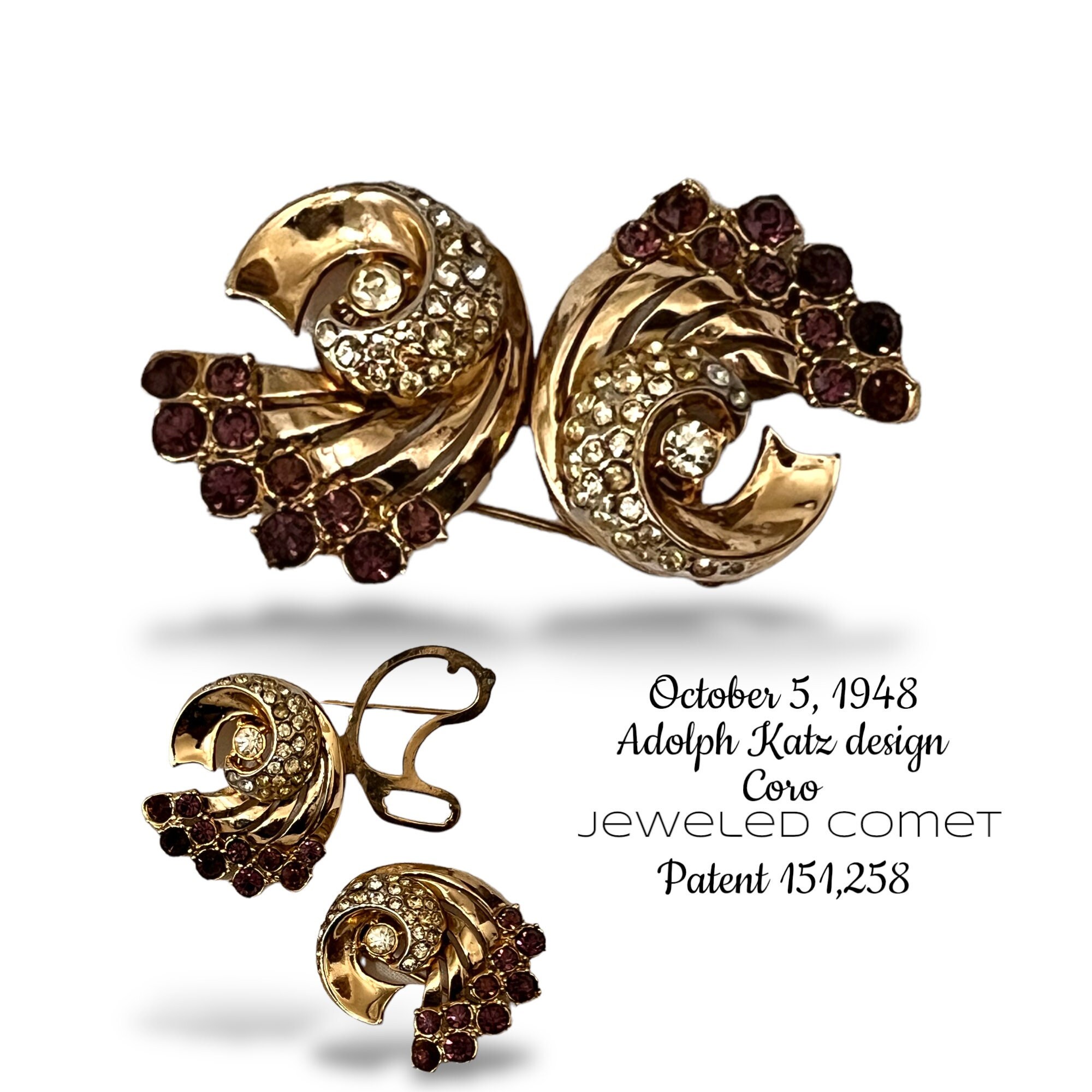 1948s Adolph Katz Coro 'JEWELED COMET' Purple Rhinestones DUETTE