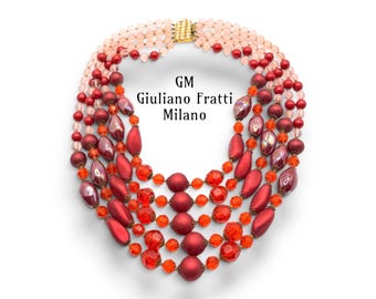 Vintage GIULIANO FRATTI Milano 5-strengs ketting, gesigneerd GM Italiaanse haute couture robijnrode glazen kralen - statement sieraden - art.758/7
