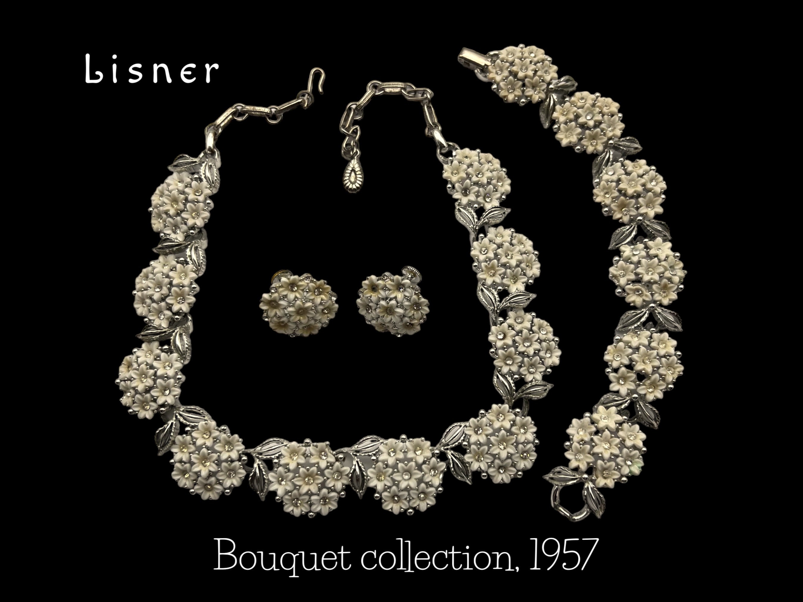 1957s Vintage Lisner Necklace, Bracelet and Earrings Set With 