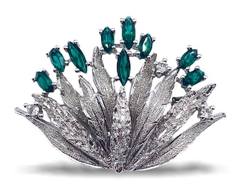 High End 40s Foliage  925 sterling  brooch shine brightly with unfoiled emerald green stones & small diamond ice fire crystals--art.312/4 -