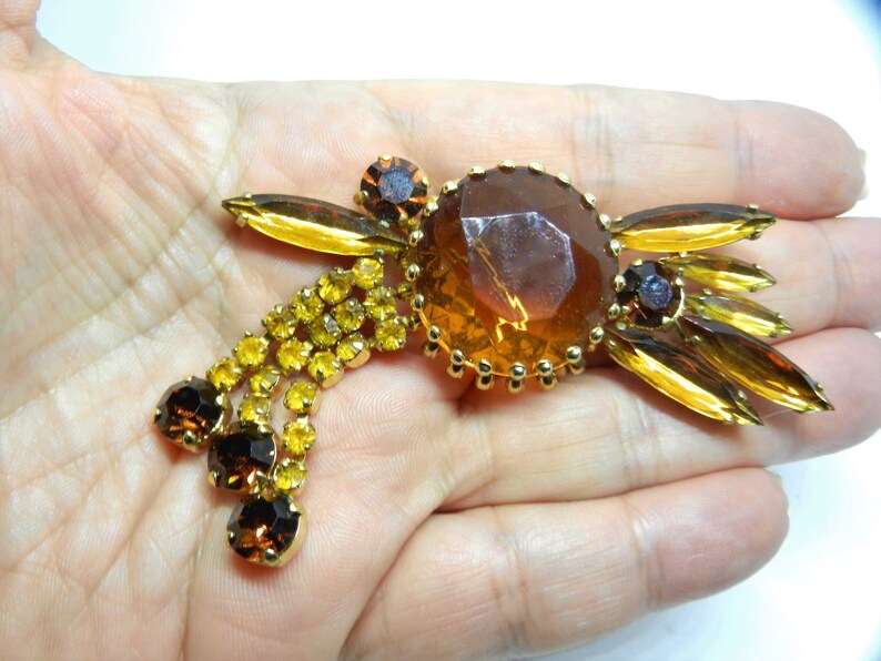 Vintage rhinestone Juliana DeLizza /& Elster layered and dimensional large topaz glass stone brooch waterfall dangle design-Art.6145